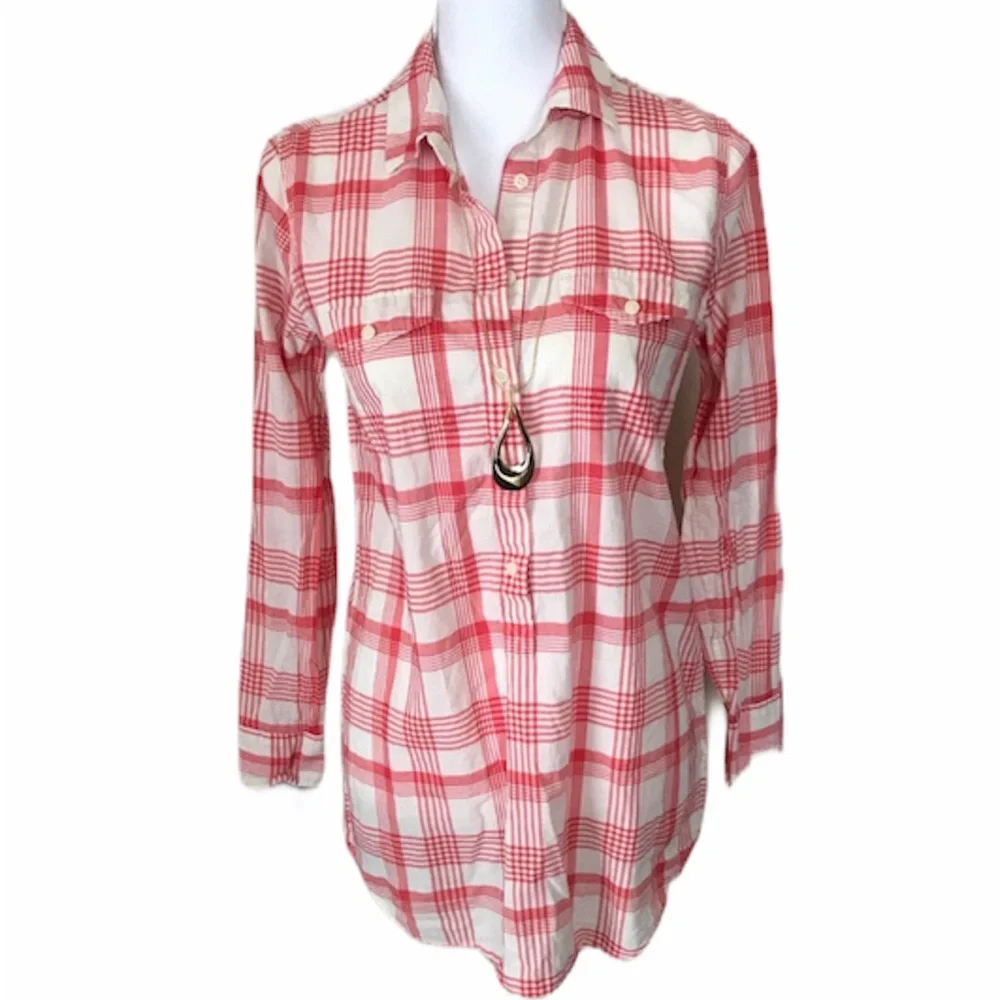 J.Crew Red White Plaid Pullover Shirt Long Sleeve Half Button Front Top XS
